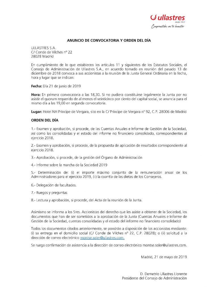 convocatoria junta general ordinaria 2019 orden del dia